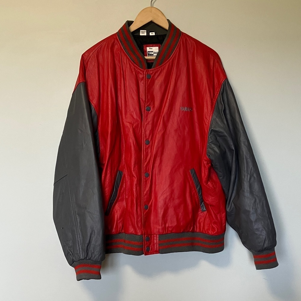 Yamaha Vintage Leather Red and Gray Bomber Jacket